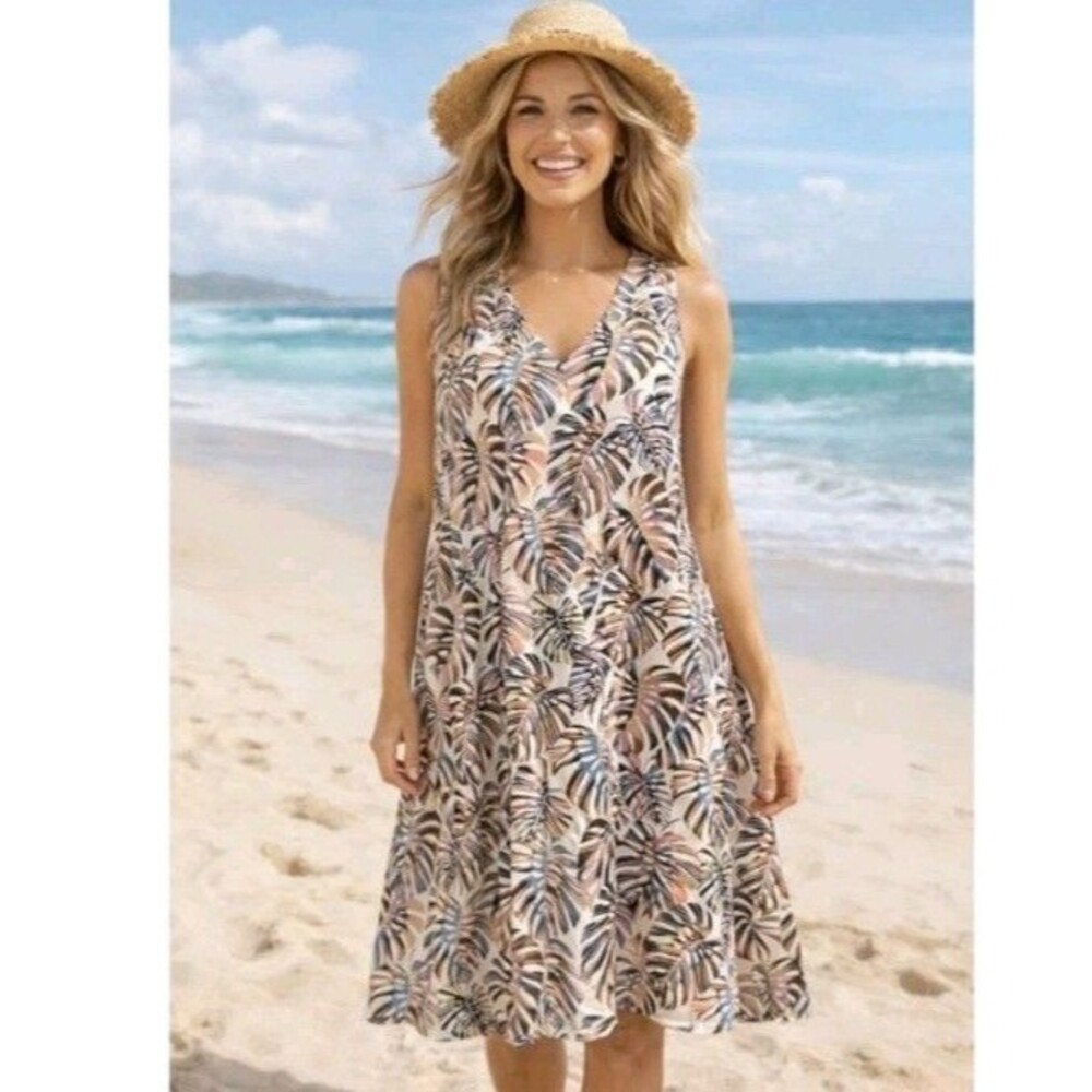J.Jill Wearever Collection Tropical Dress Size M Leaf Knit V Neck Rayon